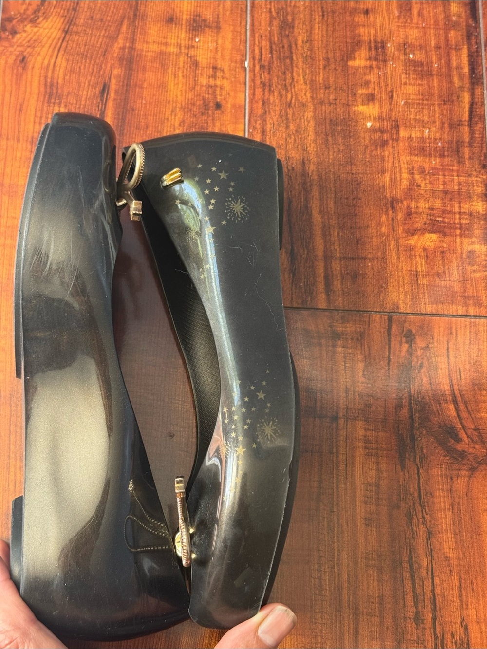 Mel by Melissa kids Black Jelly Bow Peep-Toe Flats with Gold Star Accents - Picture 2 of 10